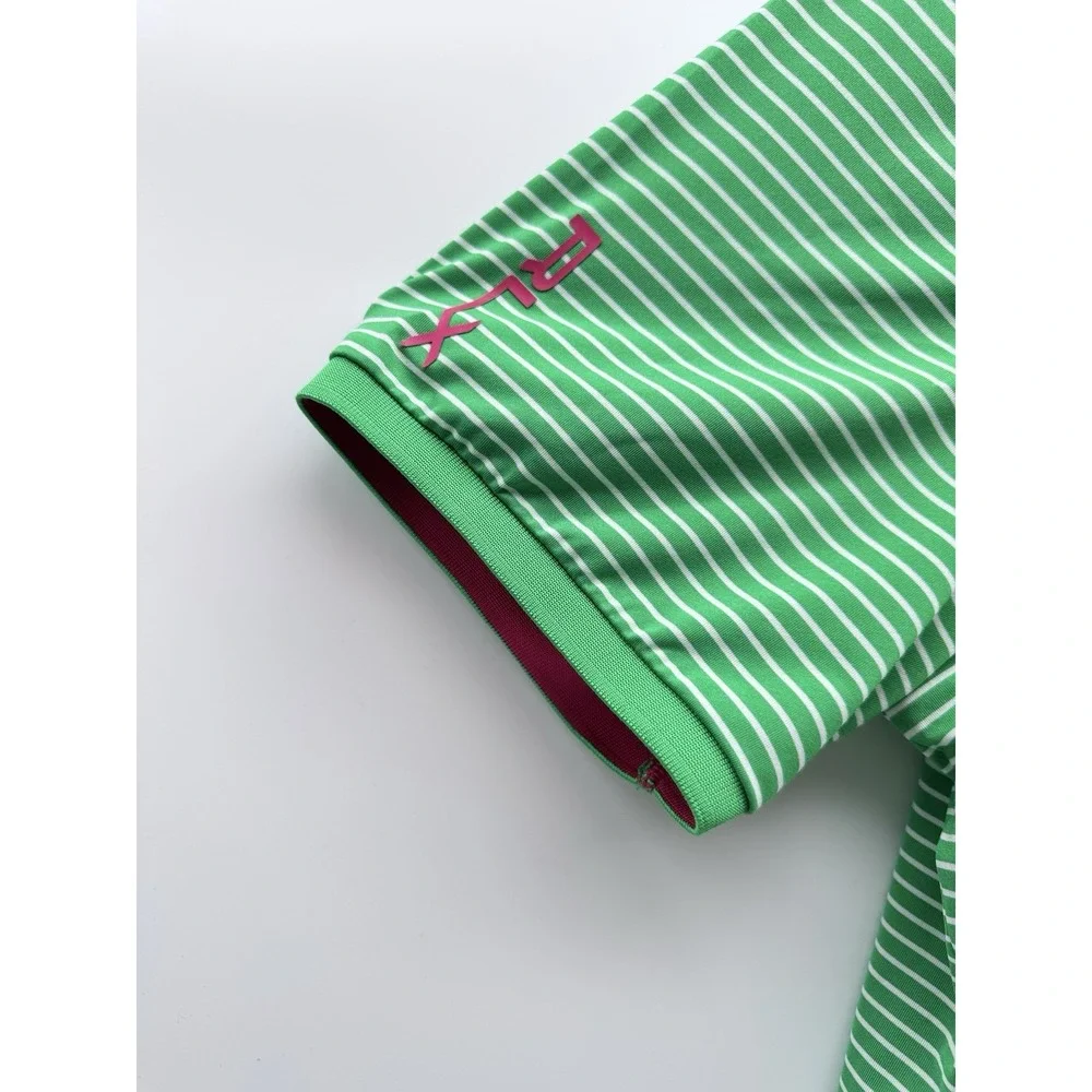 RLX Ralph Lauren Golf Polo Shirt Mens XXL Green White Striped Wicking Pink Logo